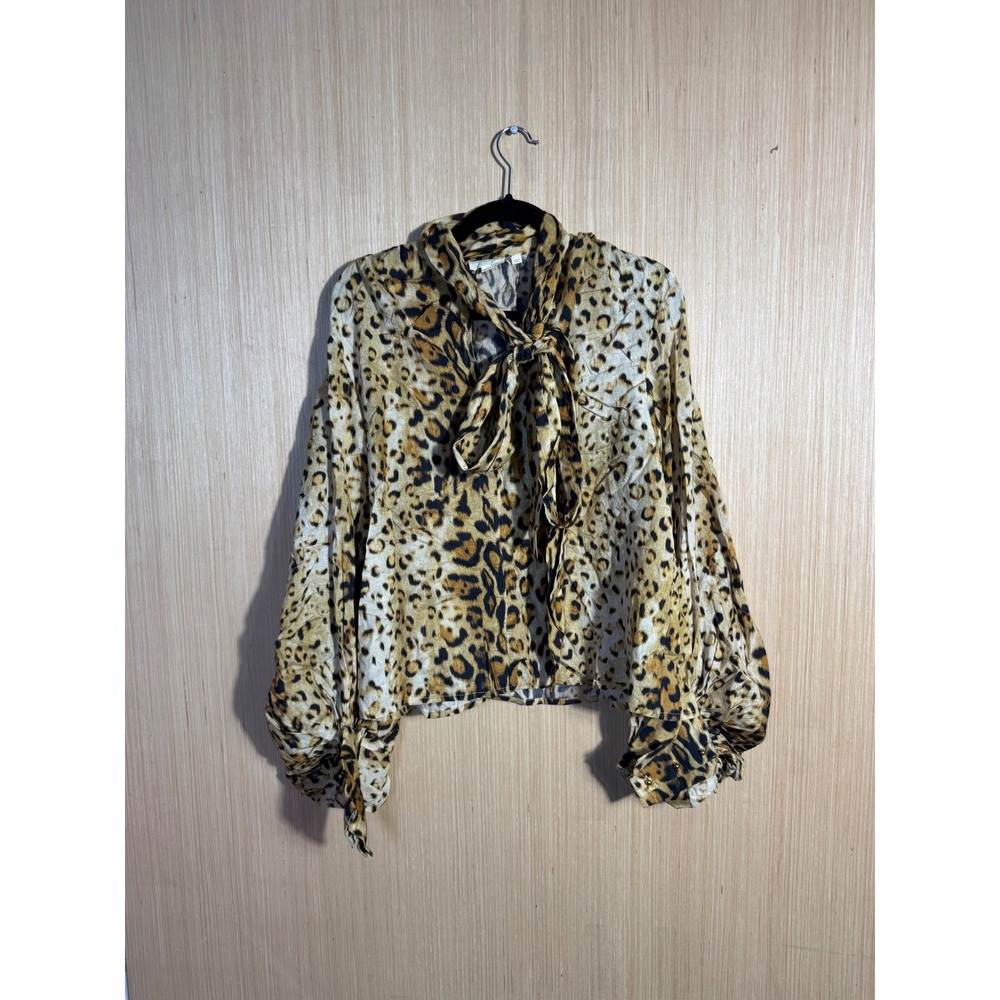 Let Me Be Print Tie Neck Blouse Long Puff Sleeve Animal Print Top Brown Tan